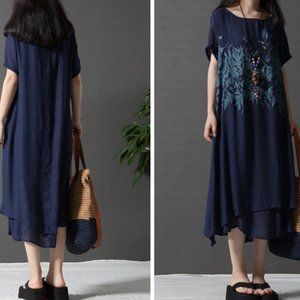 C010 Women Cotton Clothing Floral Irregular Hem Maxi Dress Short Sleeve Pockets